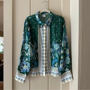PERFECT ANTHROPOLOGIE GREEN PRINT BUTTON DOWN SHIRT WOW! L